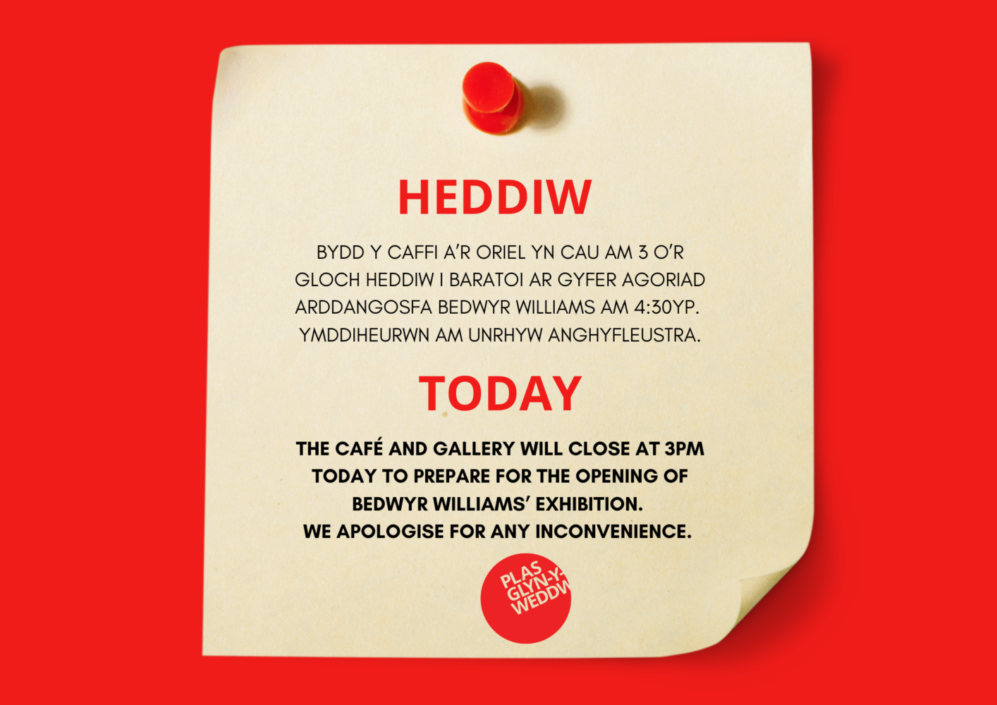 Café and gallery closing at 3pm